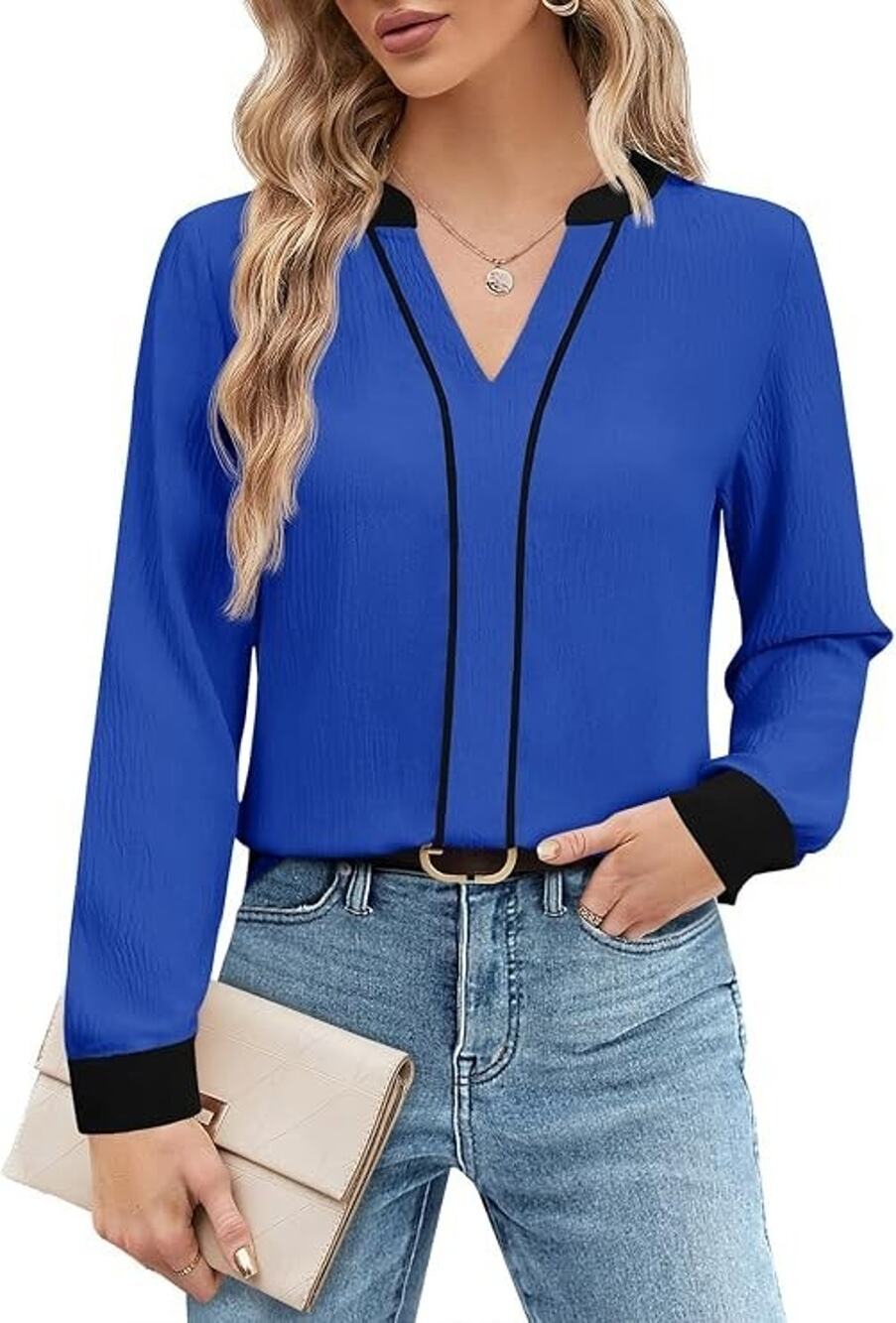 Tankaneo Women Blue V Neck Long Sleeve Business Casual Blouse Medium New